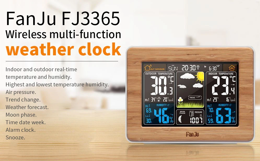 FanJu FJ3365 EU/US Plug Метеостанция Многофункциональные цифровые часы температура влажность Луна фаза настольный ЖК-будильник