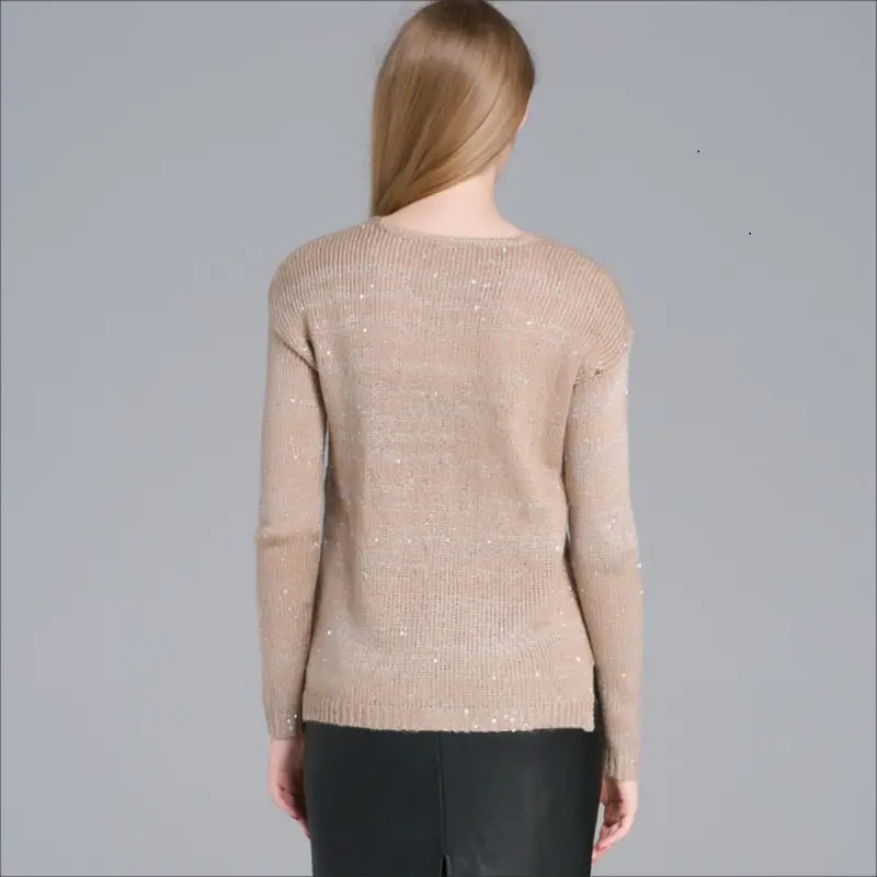 Charming Lady Women Pullover Acrylic Sequined Knitted Elegant Sweater O-Neck Long Sleeve Asymmetric Hem Pullovers Jumper M463Z | Женская