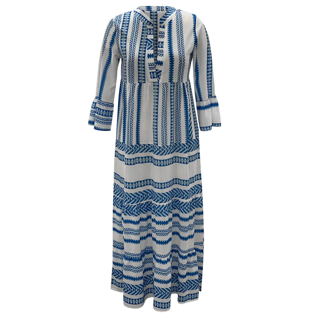 

Women fashion Summer Dresses Women's Plus Size Summer V-Neck Printed Holiday Long Flare Sleeve Maxi Dress vestidos femininos