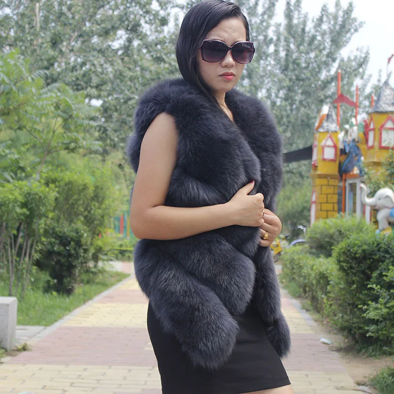 gray Модный жилет из лисьего меха, зимнее теплое плотное пальто из лисьего меха, женское меховое пальто - Цвет: gray
