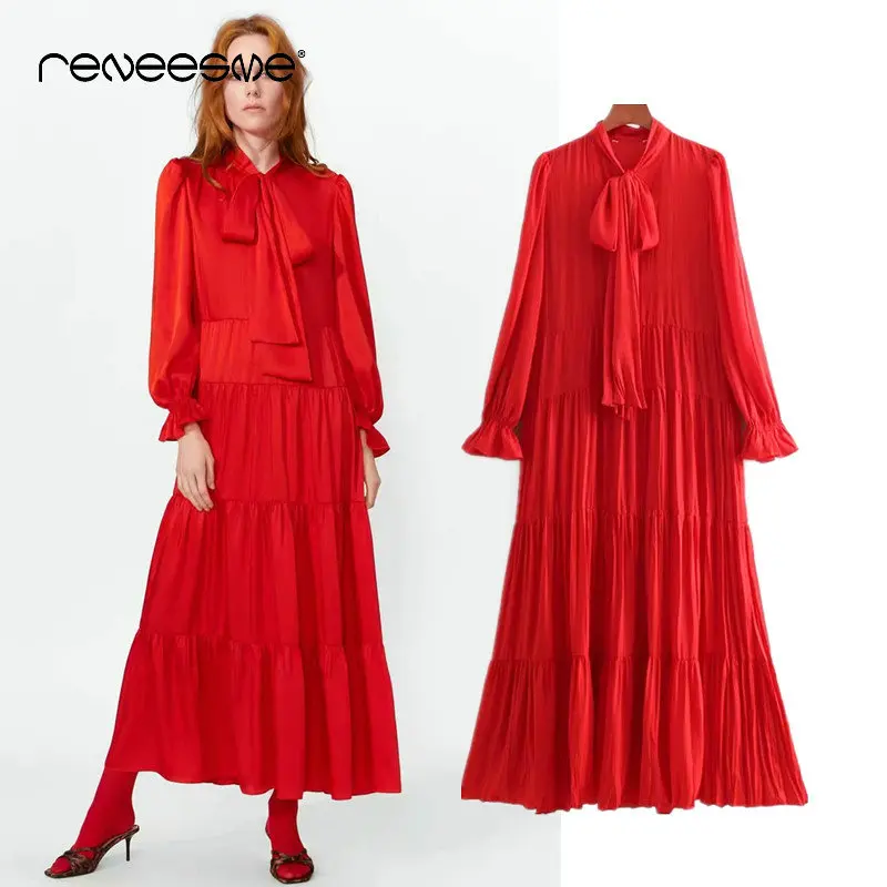 Весна 2019 новинка красное женское платье с бантом на шее рюшами длинным рукавом