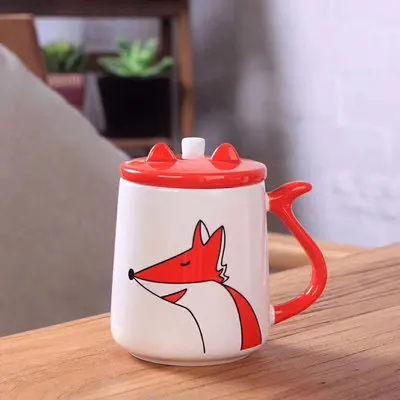 02 Керамическая кружка с рисунком лисы из мультфильма, с крышкой, чайная ложка, чайная чашка, кофе, молоко, чайная кружка, тассе, кафе, домашняя посуда для напитков - Цвет: 02