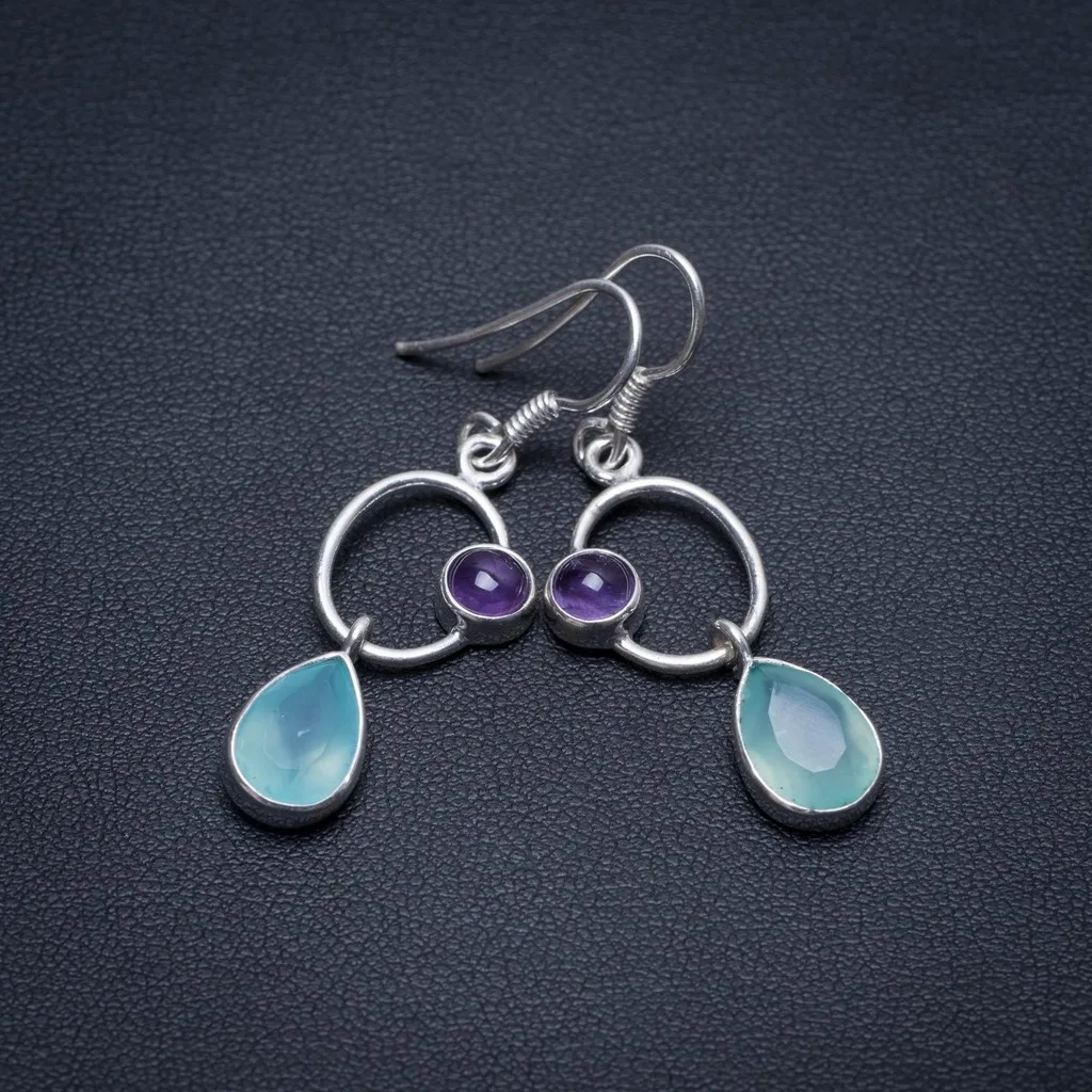 

Natural Chalcedony and Amethyst Handmade Mexican 925 Sterling Silver Earrings 1 1/2" S1751