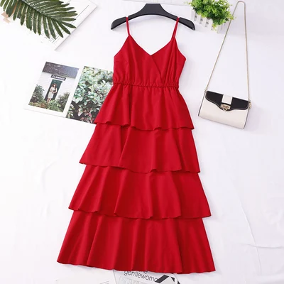red solid SKOONHEID женское шифоновое длинное платье в Корейском стиле без рукавов с однотонным ремешком Многоуровневое Повседневное платье макси A-Line ретро в горошек сарафан - Цвет: red solid