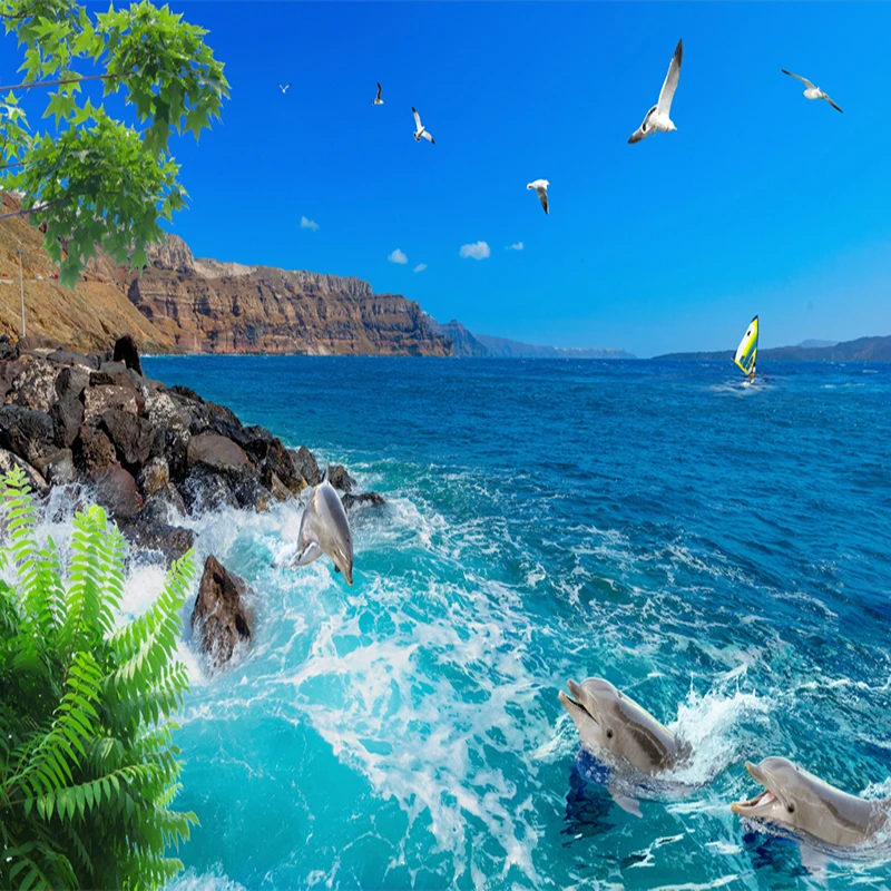Пользовательские 3D фото обои вид на море голубое небо дельфин чайки Гостиная