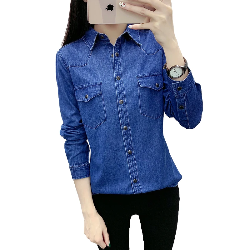 

Женская джинсовая рубашка с карманами, хлопковая блузка с отложным воротником и длинным рукавом, повседневные топы синего цвета на весну и ...