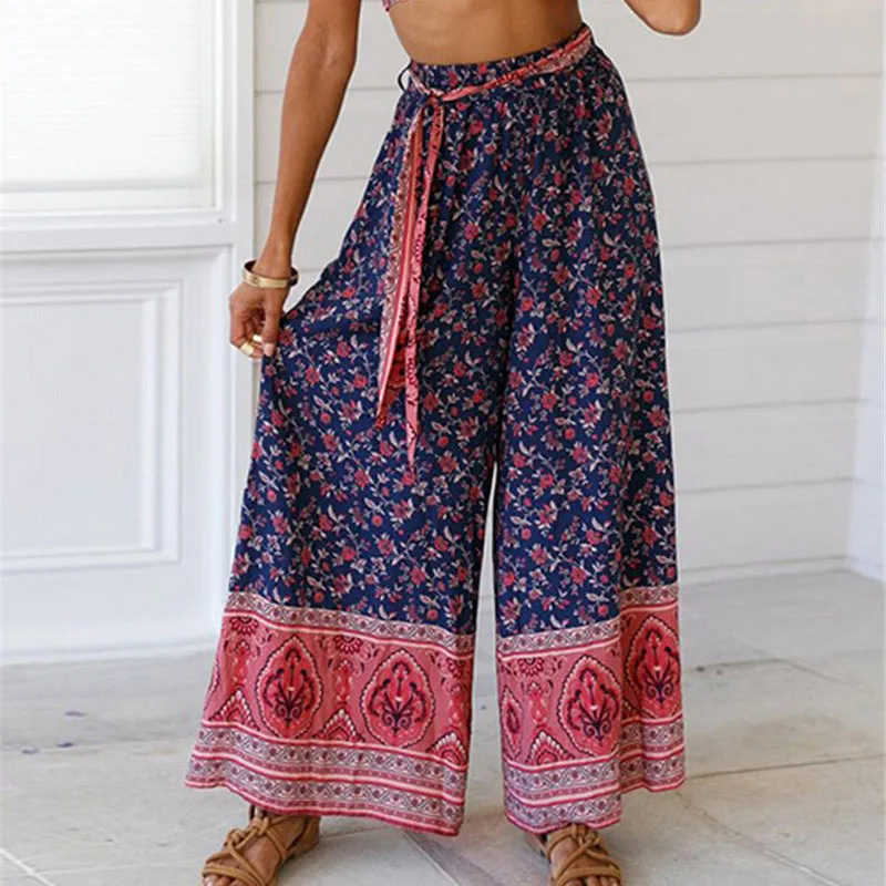 Boho женские новые модные праздничные брюки палаццо Цветочные Летние с высокой