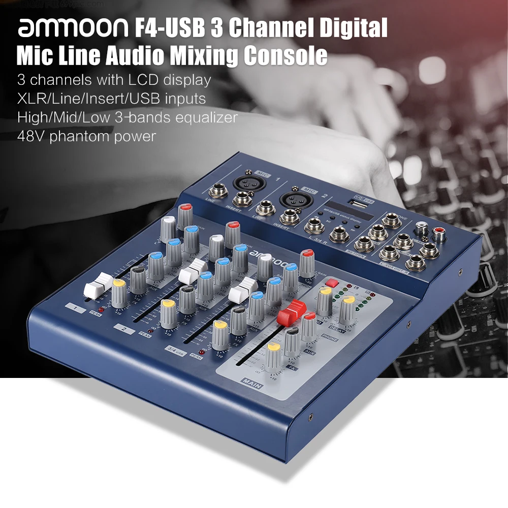 Ammoon F4-USB 3 канальный цифровой микрофон линия аудио микшерный пульт с 48 В фантомное питание для записи DJ сцены караоке