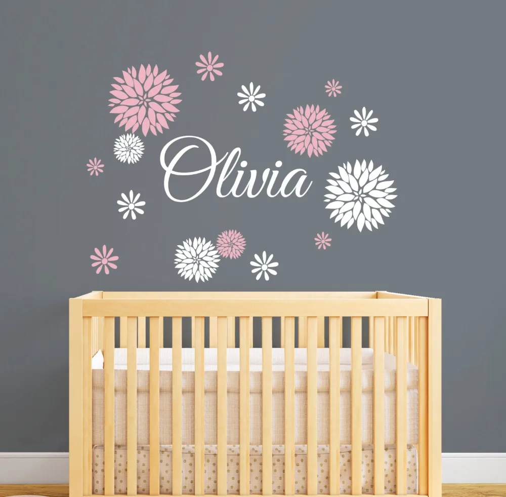 

Flower Patterned With Custom Girls Name Baby Nursery Bedroom Art Decor Wall Sticker Vinyl Removable Personalized Decals MuralM-7