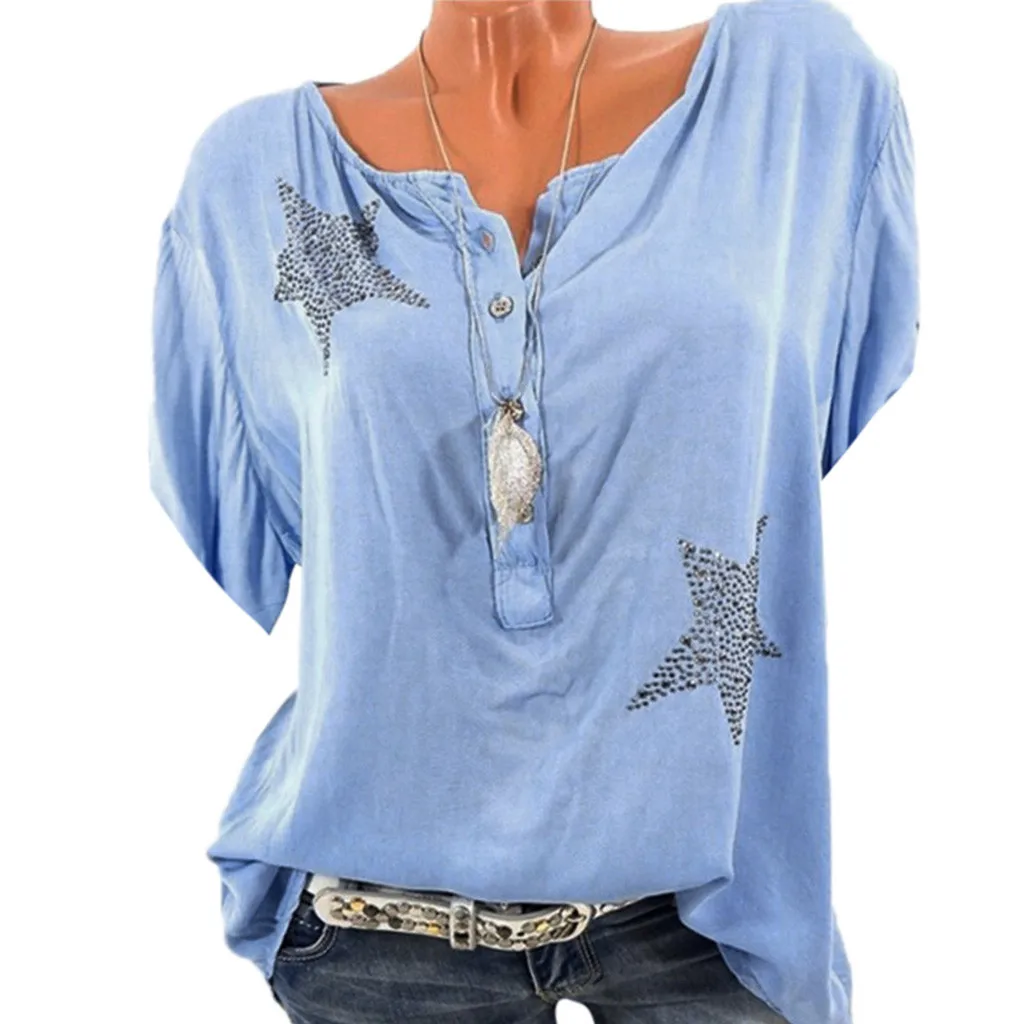 Блузка женская летняя с пуговицами и пятиконечными звездами 2019 | Женская одежда