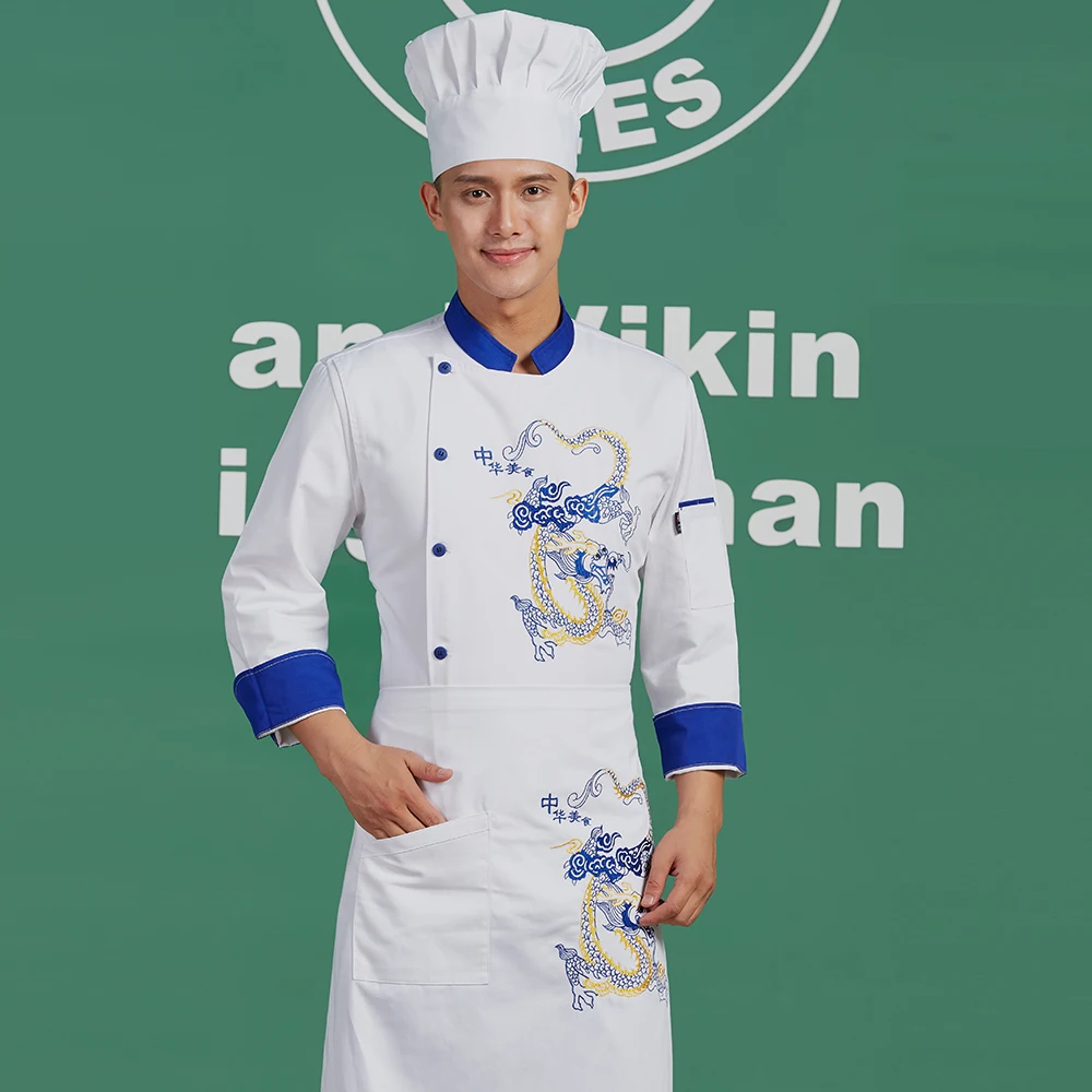 Вышивка дракон однобортный Ресторан длинный рукав шеф куртки кухня Спецодежда еда обслуживание комбинезоны топы