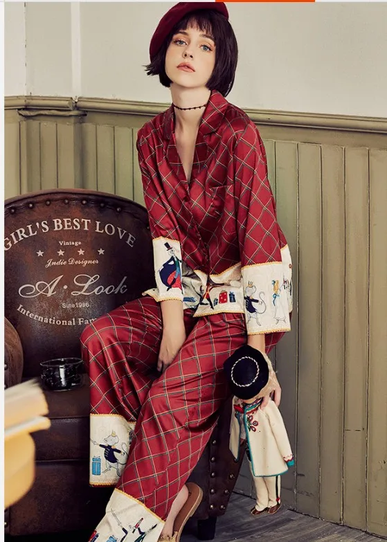 2019 New Spring and Autumn Women Lapel Long Sleeve Plaid Printed Pajamas Home Clothes Female Silk Satin Sleepwear Night Wear | Женская