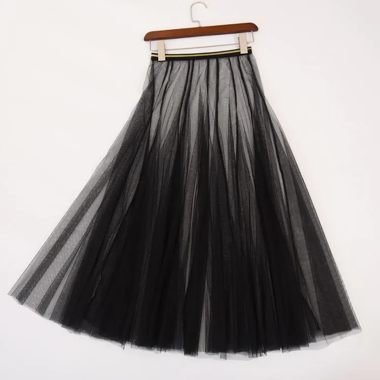 

Ladies Tulle Mesh See-through Long Skirts Elastic High Waist Pleated skirts Womens Summer Sexy Elegant Lace Transparent Skirt