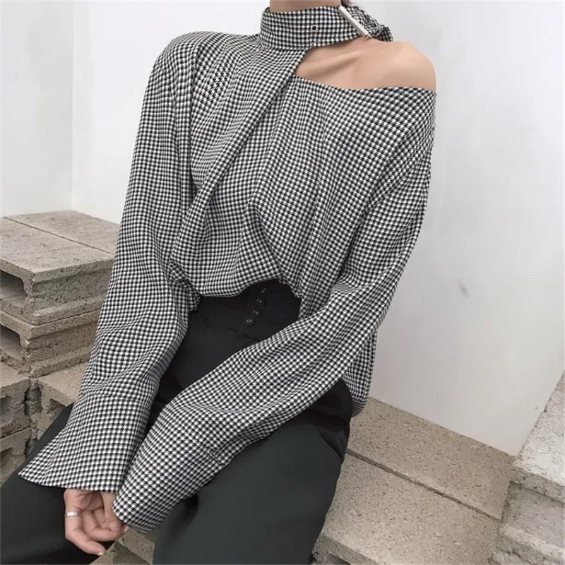 BUYSD Women Plaid Shirts 2019 Korean Vintage Fashion Halter Patchwork Blouse Long Sleeve Casual Loose Female Blusas |