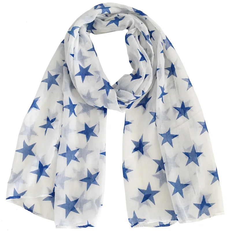 

Lightweight Fashion Soft Women Scarf Blue/Orange Stars Print Polyester Small Scarfs 180*55 cm