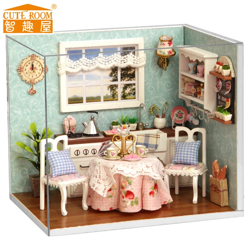 

DIY doll house kitchen dollhouse wooden miniature miniatura Building Model Furniture Model For child Toys H008