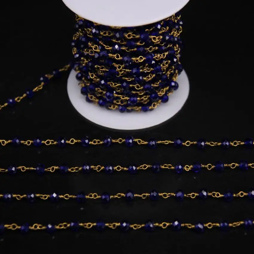 

5Meters,4x6mm Dark blue Crystal Glass Faceted Rondelle Chain,Copper Brass Tone Wire Wrapped Rosary Chain,Crafts Jewelry