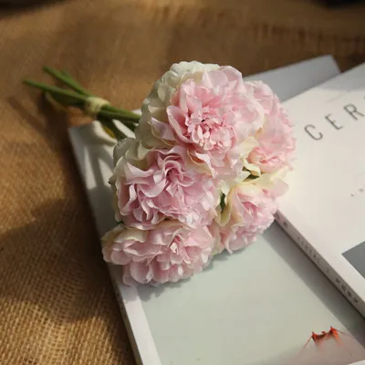 pink green Искусственные цветы Пион Букет для украшения свадьбы 5 голов искусственные цветы домашний декор шелковые гортензии дешевые вечерние цветы - Цвет: pink green