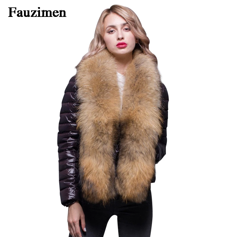 

2019 New Ladies Short White Down Coats Winter Jackets Women Real Raccoon Fur Collar Placket Parkas Slim Down Jacket