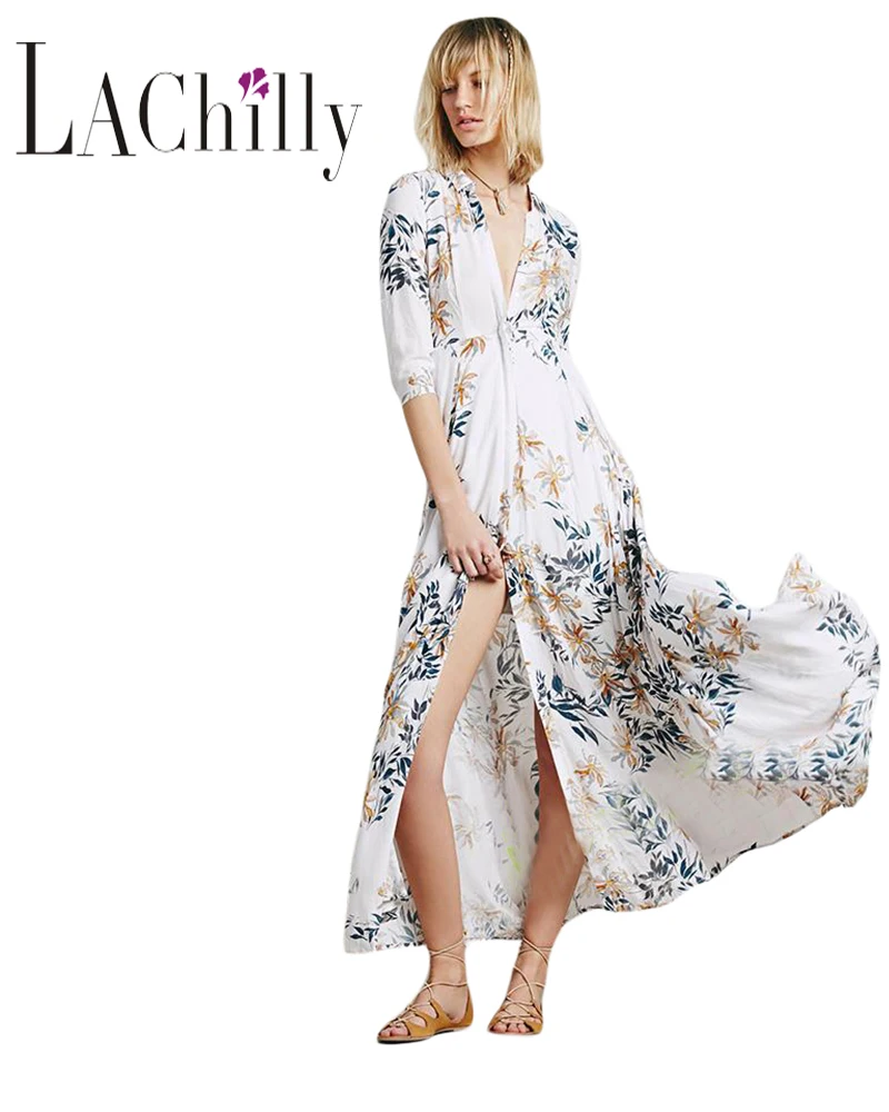 Горячие Продаж 2017 Мода Летние Каникулы Женская Dress Белый Цветочный Рубашка Долго
