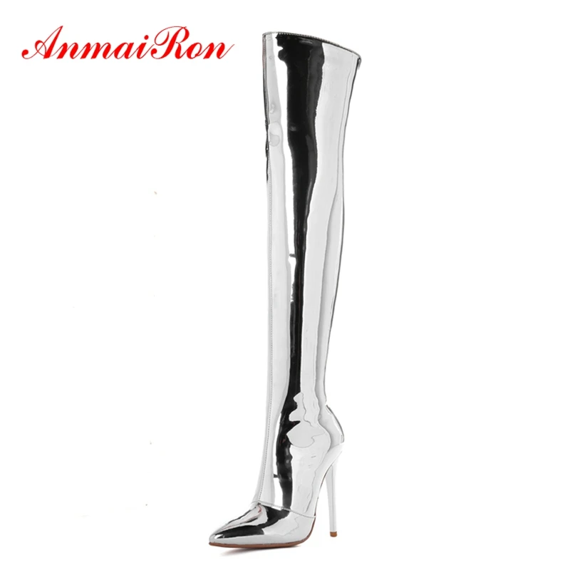 

AnmaiRon/Зимние Сапоги выше колена на тонком каблуке с острым носком женские сапоги до бедра Zapatos Mujer; Размеры 34-43; ZYL1458