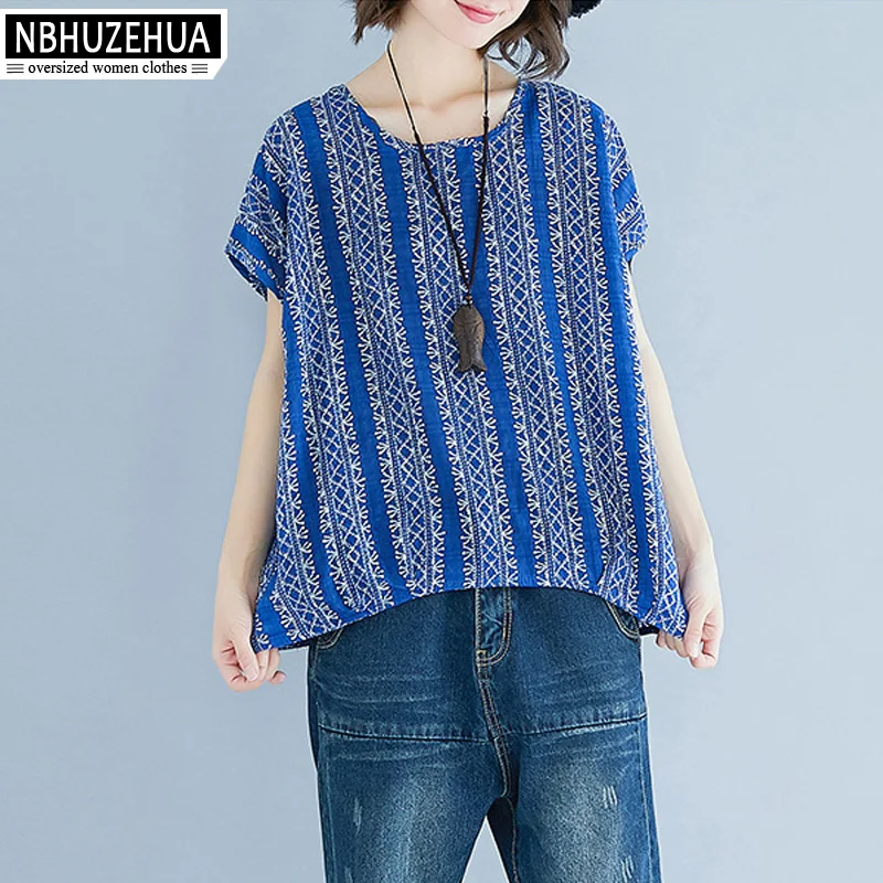NBHUZEHUA A268 4XL 5XL Для женщин Винтаж футболка в полоску по Размеры d плюс Camisetas Mujer Verano