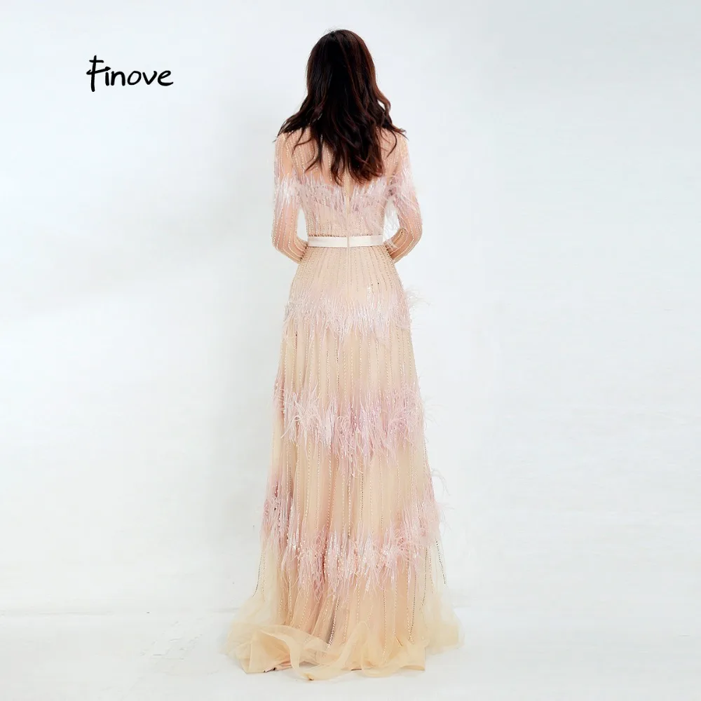 Finove Luxury Illusion Prom Dress New Design 2020 Tulle with beaded Feathers Sashes A-Line Evening Woman Party Gowns | Свадьбы и