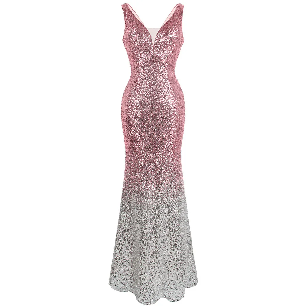 pink silver Angel-Fashion, Женские Светоотражающие платья, вечерние платья с блестками, градиентные вечерние платья с v-образным вырезом, розовое, серебряное, 382 - Цвет: pink silver