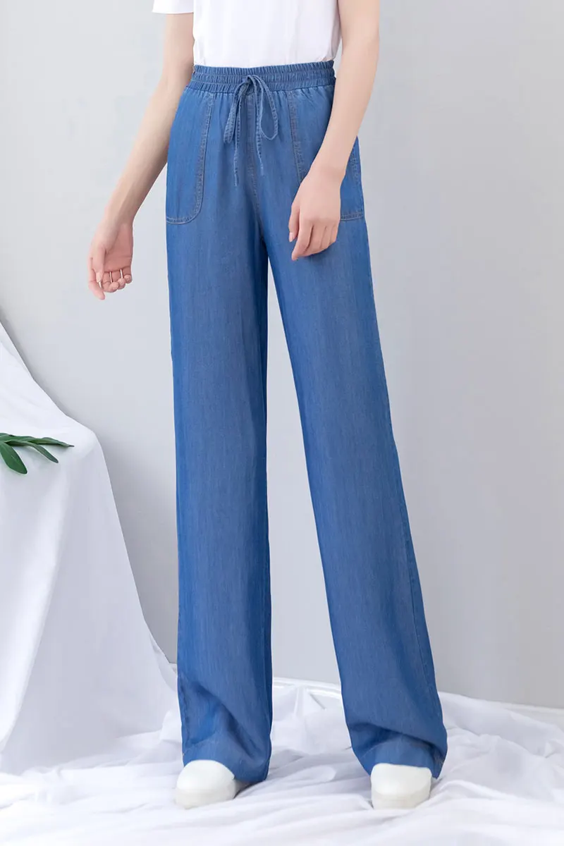 Летние женские джинсы с эластичной талией на шнуровке тонкие широкие высокой для