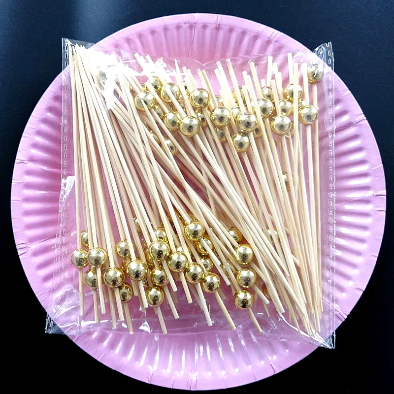 

XUNZHE 100Pcs 12cm Silver beaded fruit sign cocktail dessert fork wooden fruit appetizer toothpick bead fruit wood toothpick