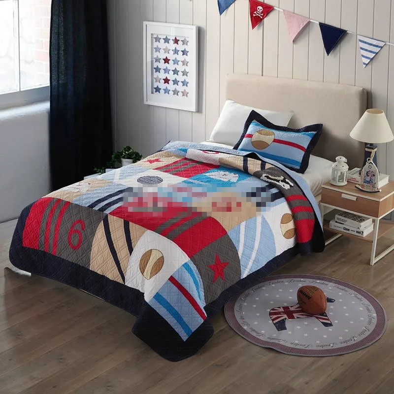

Free shipping children cartoon baseball embroidered handmade patchwork quilt 2pcs twin/single size bedspread boys bed cover AL