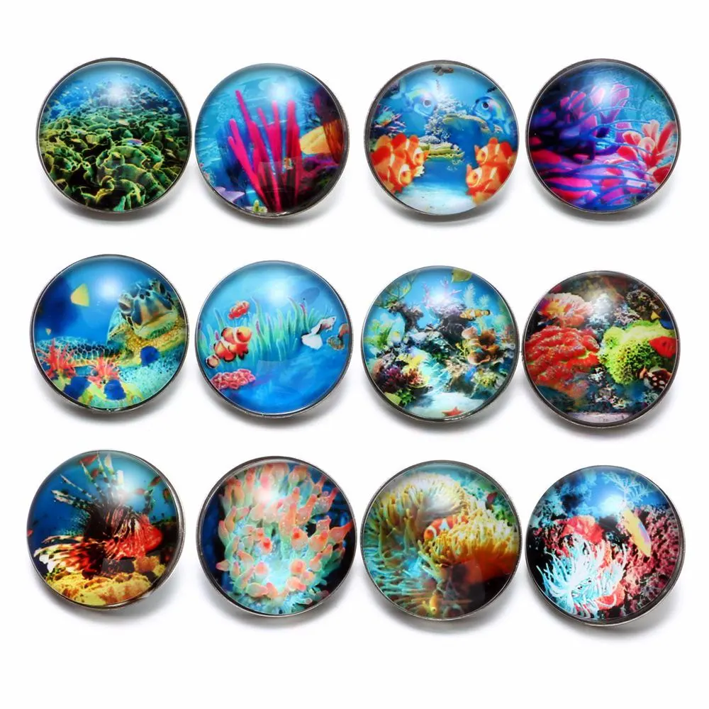 12pcs/lot The Undersea World Theme Pattern Glass Charm 18mm Snap Button Jewelry For Snaps Bracelet KZ0559|18mm snap button jewelry|snap jewelrybutton