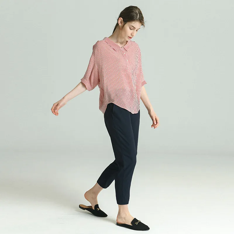100% Silk Striped Printed New Fashion Womens Half Sleeve Blouses Casual 2 Colors Imitation pearl buckle 2019 |