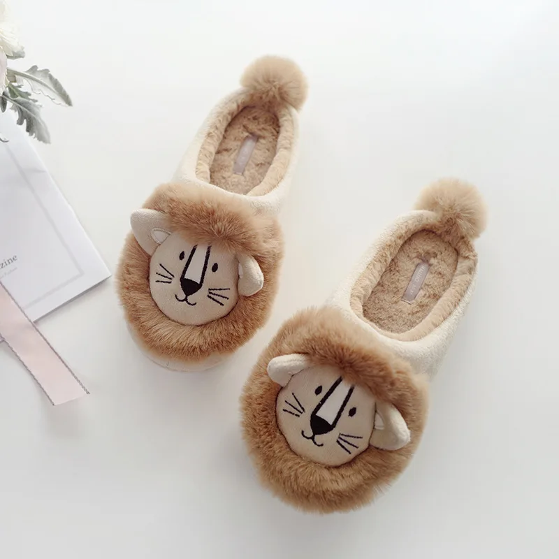 Kawaii/домашние тапочки с изображением Льва; женская обувь; зимняя теплая Домашняя обувь в японском стиле; женские нескользящие тапочки из плюша и хлопка с рисунком для спальни - Цвет: Цвет: желтый
