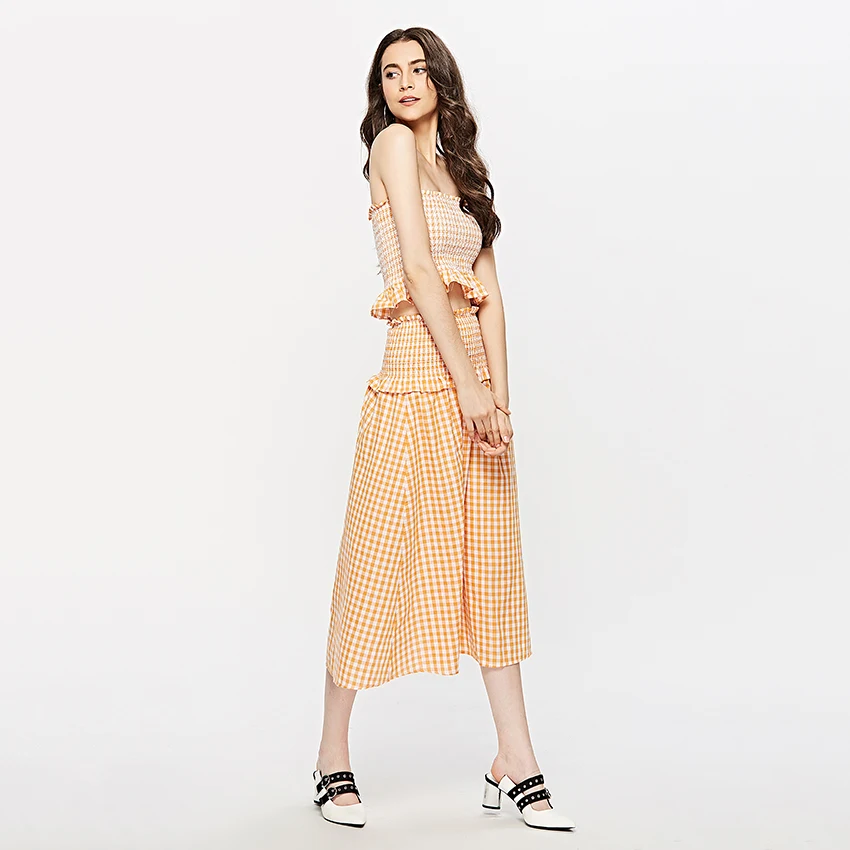 OOTN летние женский комплект 2 шт. оранжевый плед Ruched укороченный топ и юбка