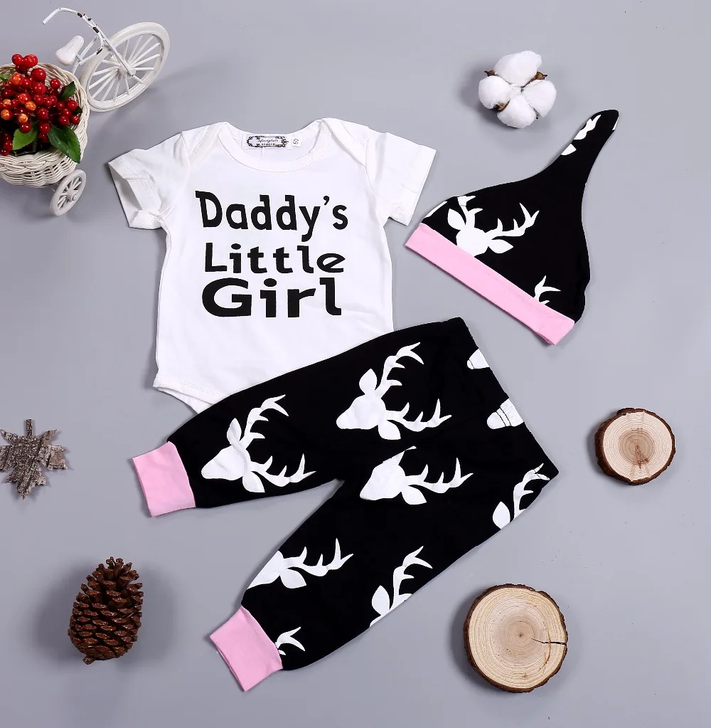 2020 Newborn Baby Girl Clothing Set Cotton Short Sleeve Bodysuits+ Cartoon Deer Head Pants + Hat 3pcs Baby Clothing