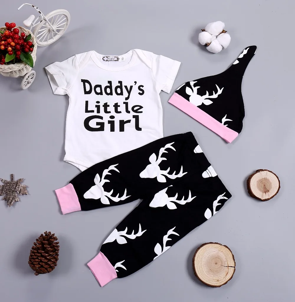 

2020 Newborn Baby Girl Clothing Set Cotton Short Sleeve Bodysuits+ Cartoon Deer Head Pants + Hat 3pcs Baby Clothing