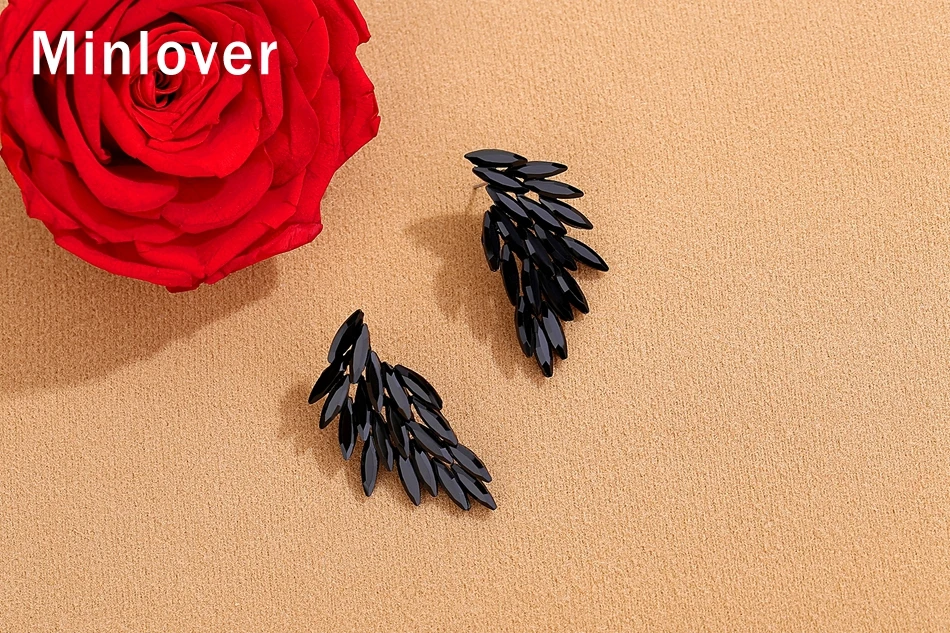 Minlover, простые черные ангельские крылья, висячие серьги для женщин, стразы, Ретро стиль, Marquise, перья, серьги, свадебные ювелирные изделия, MEH1470