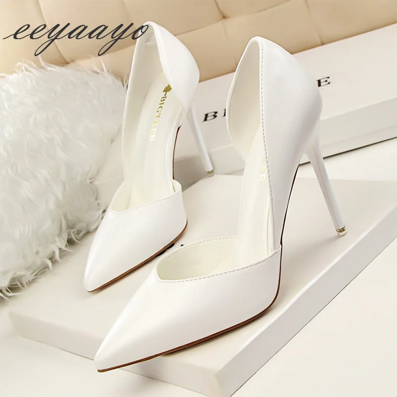 

2019 New Spring/Autumn Women Pumps High Thin Heel Pointed Toe Fretwork Shallow Sexy Office Ladies Women Shoes White High Heels