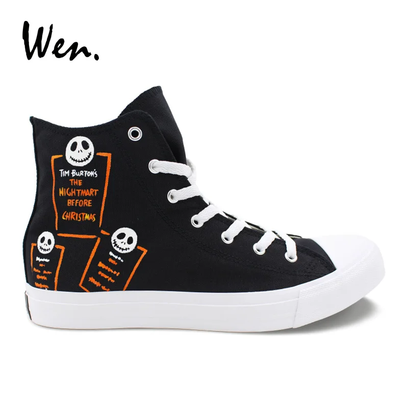 

Wen Design Hand Painted Shoes Nightmare Before Christmas Canvas Sneakers Men Women Black Vulcanize Shoes Laced Espadrilles Flat