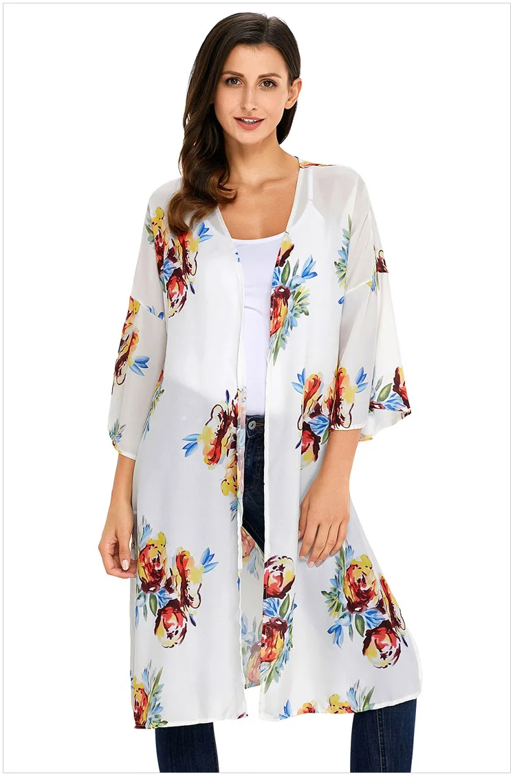 

Free Shipping Women Side Slit Chiffon Cover Up Three Quarter Sleeve Floral Print Cardigan Long Beach Dresses Plus Size 4F42216