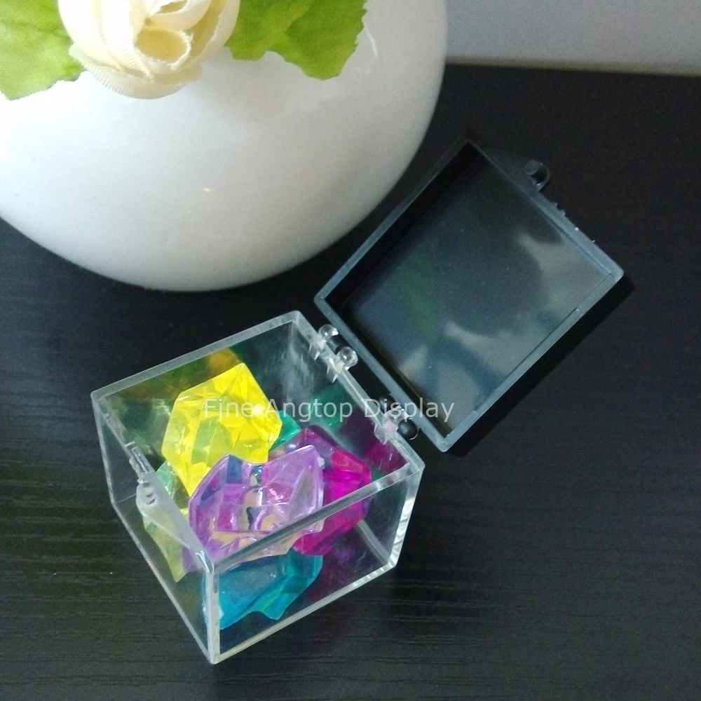10pcs/lot 3.4x3.4x3.4cm clear and black plastic hinged mineral box jewelry beads rings box storage display case