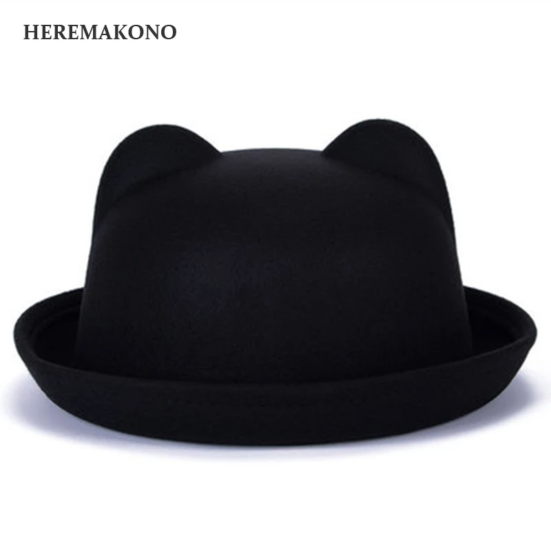 Heremakono Осенне зимняя Дамская обувь Fedora Шапки с милые кошачьи уши Дамы Roll Up Фетр