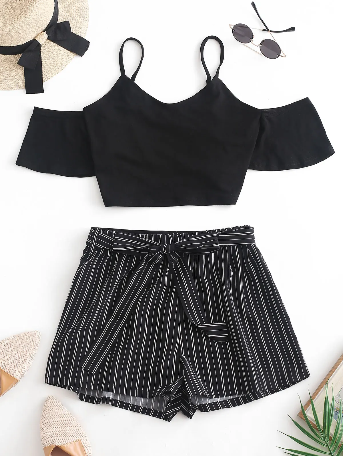 Женский топ на бретельках ZAFUL однотонный офисный с поясом и короткими рукавами |