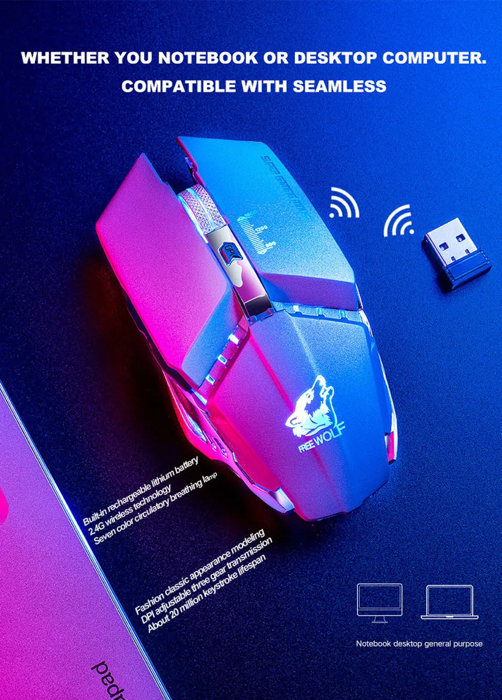Бесшумная беспроводная мышь оптическая игровая мышь Бесшумная usb перезаряжаемая мышь 2400 точек/дюйм встроенный аккумулятор для ПК ноутбука компьютера