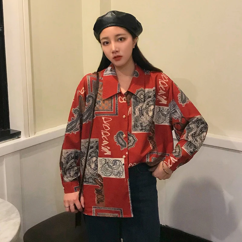 Женская винтажная блузка Cheerart красная рубашка с длинным рукавом и принтом