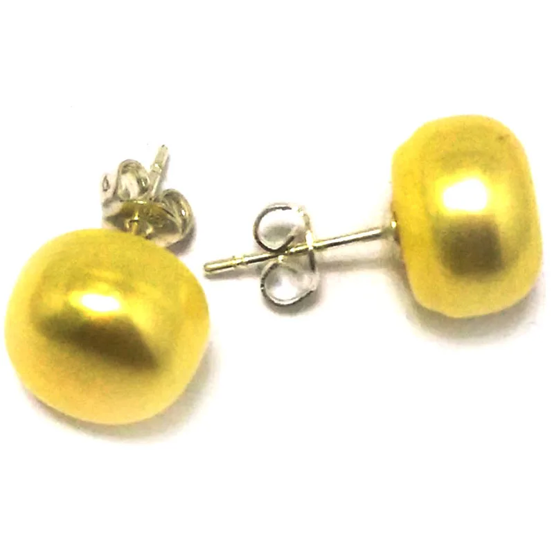 

11-12mm Yellow Natural Cultured Button Pearl 925 Sterling Silver Stud Earring