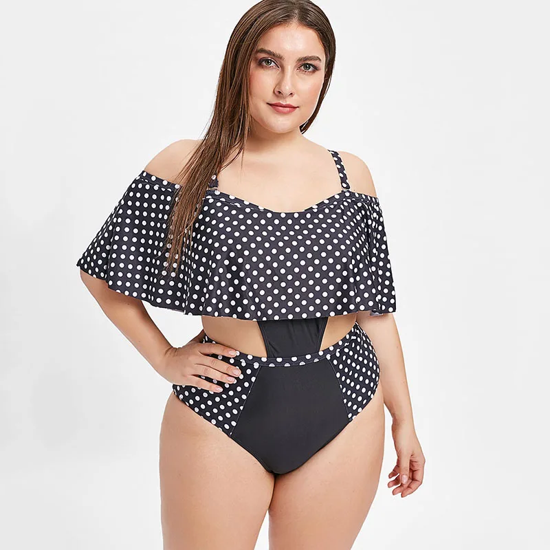 Плюс Размеры 4XL горошек Off Shoulder Ruffle боди XXXXL XXXL Для женщин большой Одна деталь