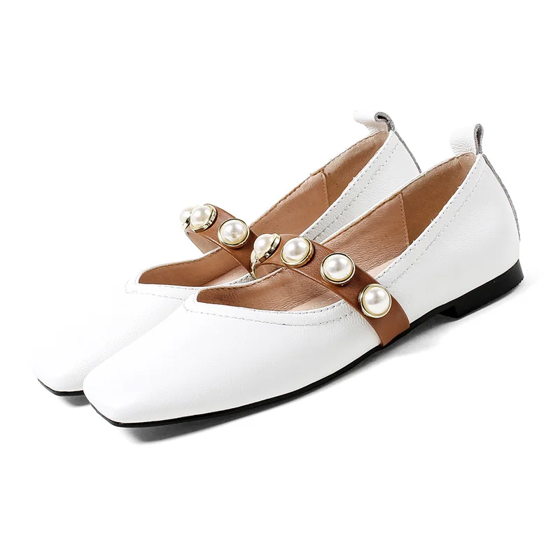 ISNOM Genuine Leather Pearl Strap Women Flats Square toe Ladies Flat Shoes Casual Dress Woman Footwear Girls | Обувь