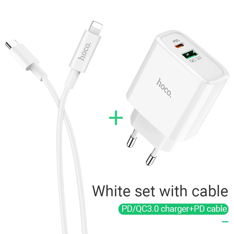 Set with cable hoco зарядный адаптер PD QC3.0 FCP AFC быстрая зарядка USB Type C выход евро вилка EU штекер для iPhone Samsung Xiaomi Huawei зарядник сетевой зарядка юсби для айфона самсунг ксяоми хуавей переходник тайп си зарядка - Тип штекера: Set with cable